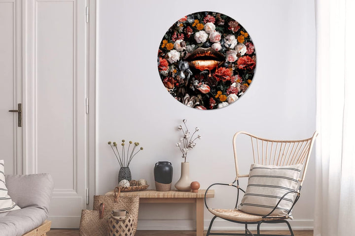 Wandbild Rund Wanddeko Deko Wohnzimmer Bilder 90x90 cm Lippen - Blumen - Farbe - Orange - Kunst - Ab