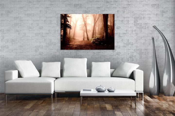 deyoli neblischer Waldweg Format: 80x60 als Leinwand, Motiv fertig gerahmt auf Echtholzrahmen, Hochw