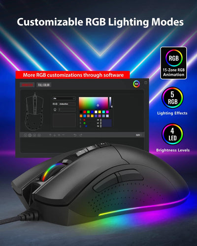 Gigastone Gaming-Maus 16.000 DPI, Kabelgebundene Gaming-Maus Mit Anpassbarer RGB-Hintergrundbeleucht