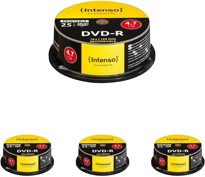 Intenso DVD-R 4,7 GB 16x DVD-Rohlinge bedruckbar Kratzfest 25er Spindel (Packung mit 4) 25er Spindel