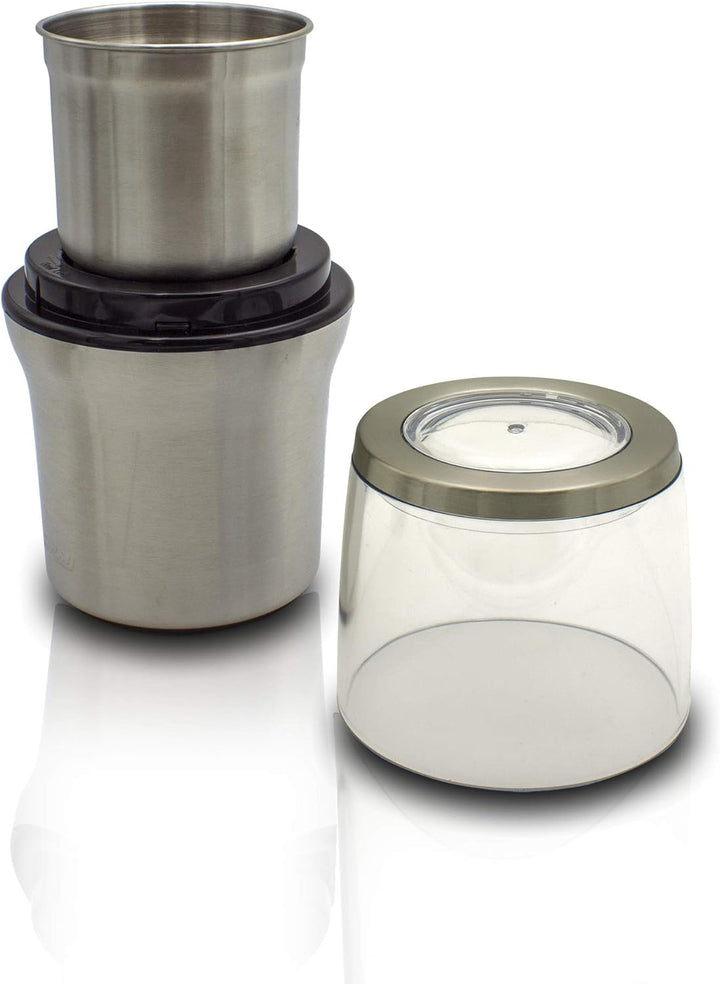 MPM MMK-06 Elektrische Kaffeemühle, BPA-frei, 70 g Kaffee pro Minute, 200 W MMK-06M, Edelstahl