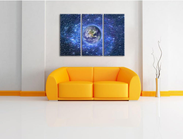 Pixxprint Planet Erde im Weltraum / 3-Teilig/Gesamtmass 120cm Leinwandbild bespannt auf Holzrahmen/W