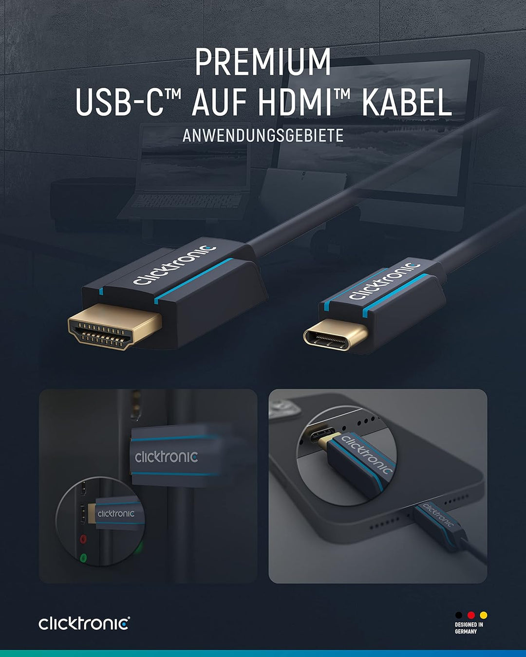 Clicktronic 1m USB C zu HDMI Adapter für TV – USB-C auf HDMI 2.0 Adapterkabel 4K 60Hz - Thunderbolt