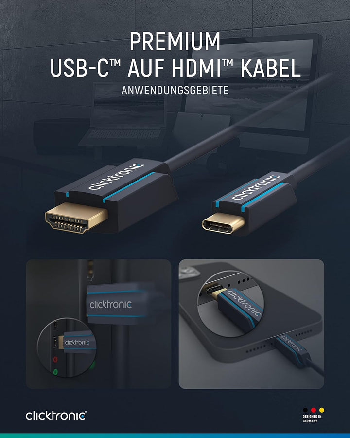 Clicktronic 1m USB C zu HDMI Adapter für TV – USB-C auf HDMI 2.0 Adapterkabel 4K 60Hz - Thunderbolt