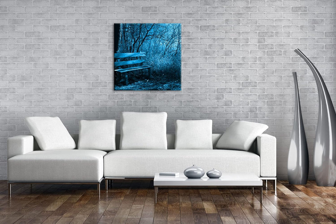 deyoli einsame Bank im Wald Format: 60x60 Effekt: Monocrome Blau als Leinwandbild, Motiv fertig gera