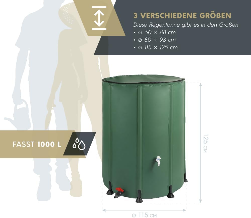 WESTMANN Faltbare Regentonne | 1000 Liter Grün | Regenwassertank & Regenfass zum Sammeln von Regenwa