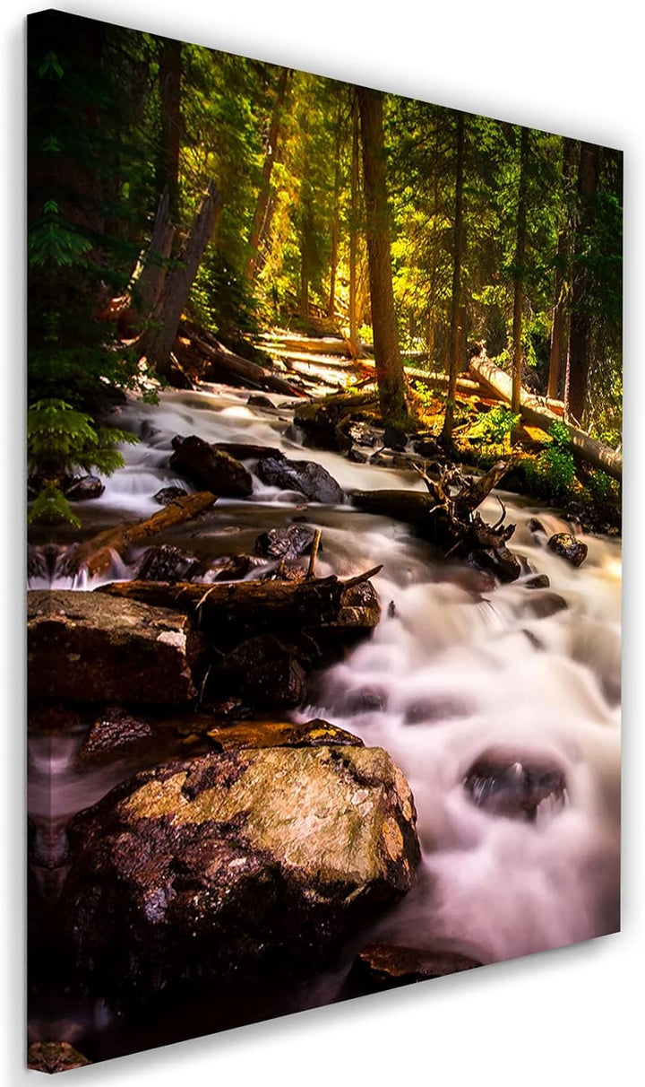 Feeby Wandbilder Wald Felsen Bach Landschaft XXL 80x120 cm 1Teilig Modern Vlies Bilder Leinwandbilde