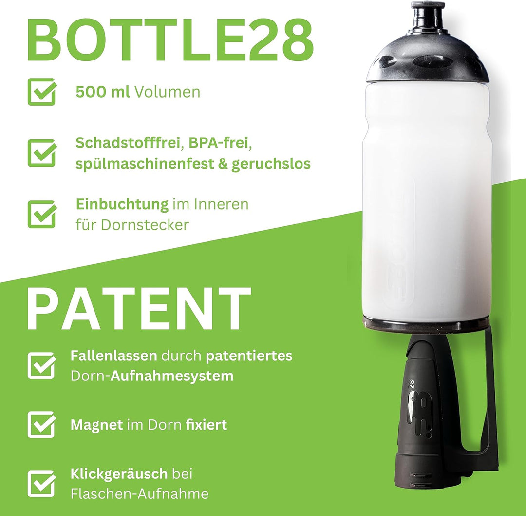 Bottle28 | 500 ml Fahrrad-Trinkflasche mit magnetischem Flaschenhalter & integrierter Werkzeugaufbew