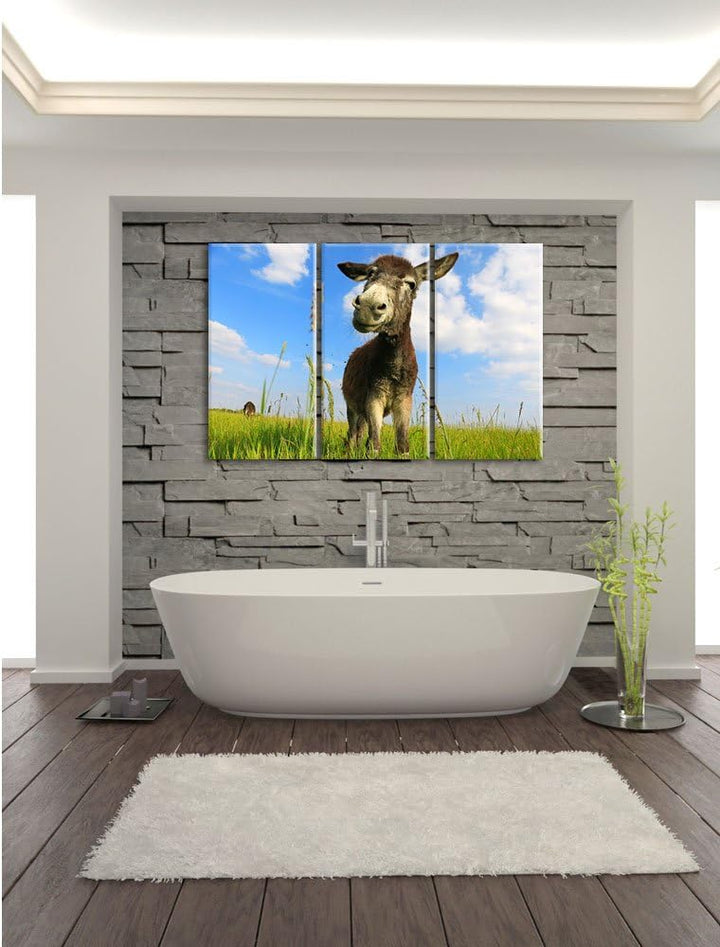 Pixxprint Esel in einem Feld als Leinwandbild/Grösse: 3Teilig (120x80) / Wandbild/Kunstdruck/fertig