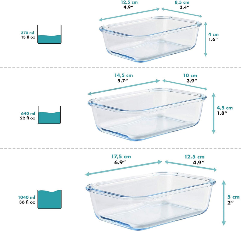 Grizzly Glas Frischhaltedosen, 3er Set, 370 ml, 640 ml, 1040 ml, luftdicht, quadratisch, Click-Versc