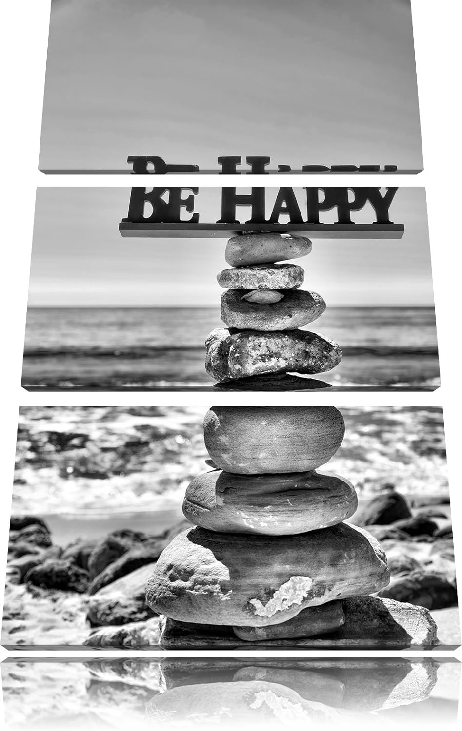 Pixxprint Monocrome, Steinturm bei Happy am Strand 3-Teiler Leinwandbild 120x80 Bild auf Leinwand