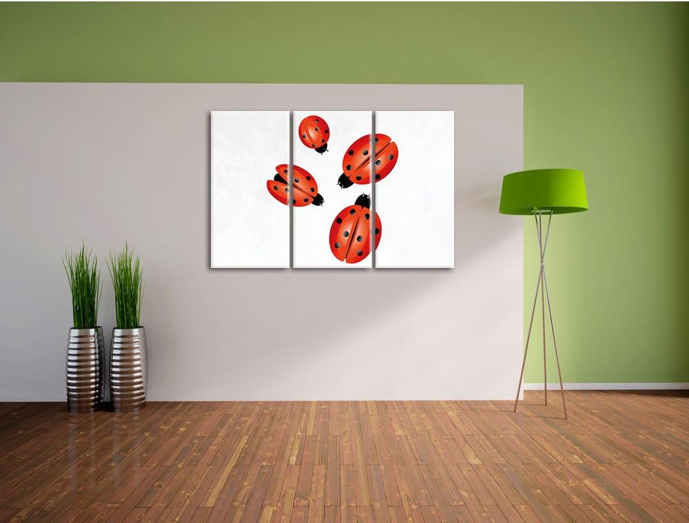 Pixxprint Süsse Marienkäfer weiss 3-Teiler Leinwandbild 120x80 Bild auf Leinwand, riesige Bilder fer
