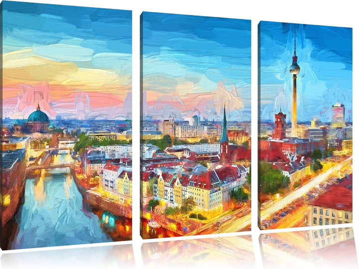 Pixxprint Berlin City Panorama Kunst Pinsel Effekt 3-Teiler Leinwandbild 120x80 Bild auf Leinwand