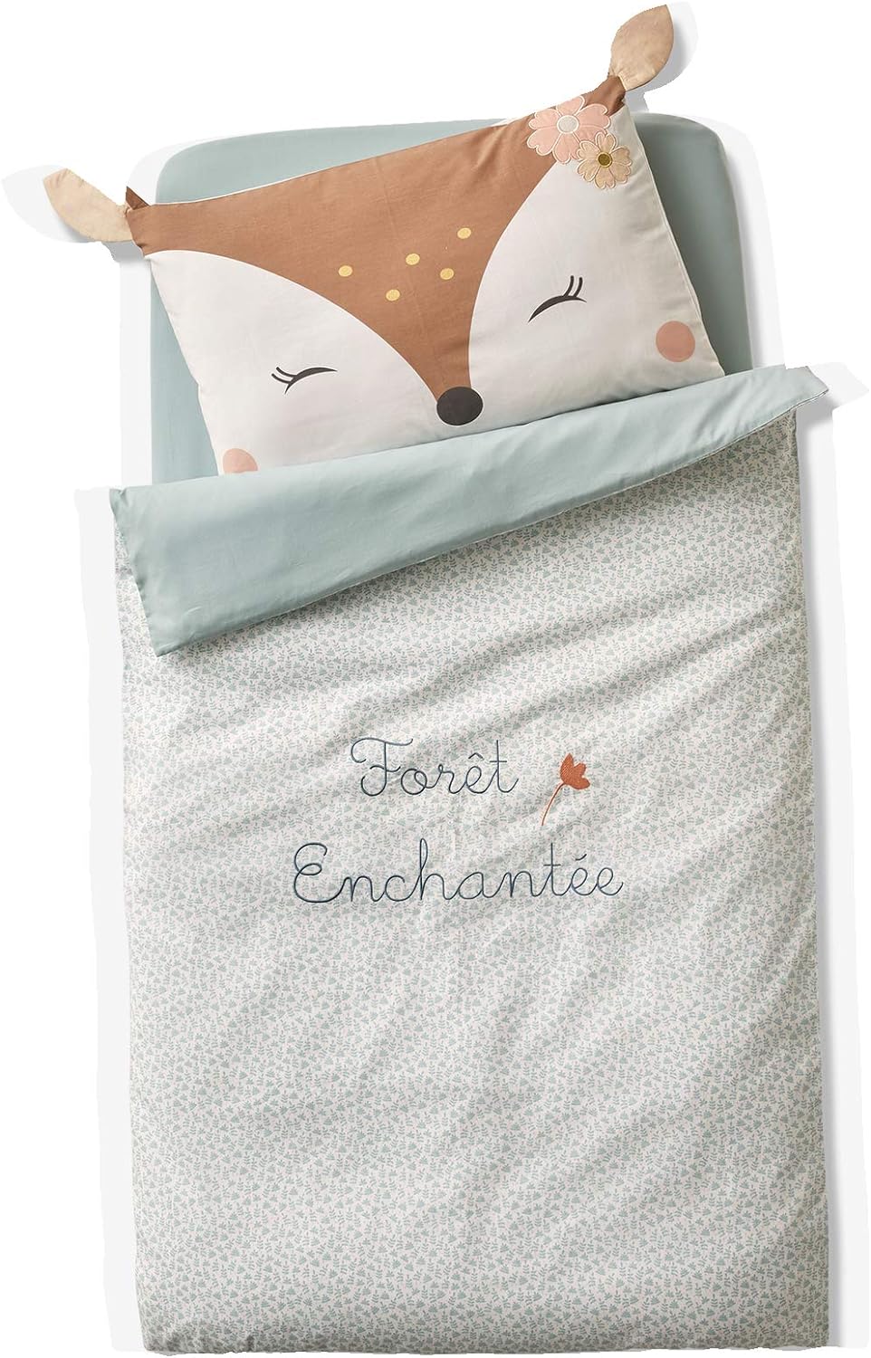 Vertbaudet Bettbezug für Babys, Motiv: Bohrer, Ecru/Wassergrün, 100 x 120 cm 100X120, 100X120