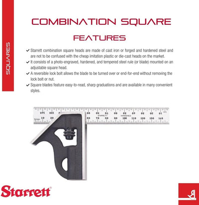 Starrett 10MH-150 Kombinationswinkel mit Winkelaufsatz, 150 mm, Metrisch & Automatikkörner mit justi