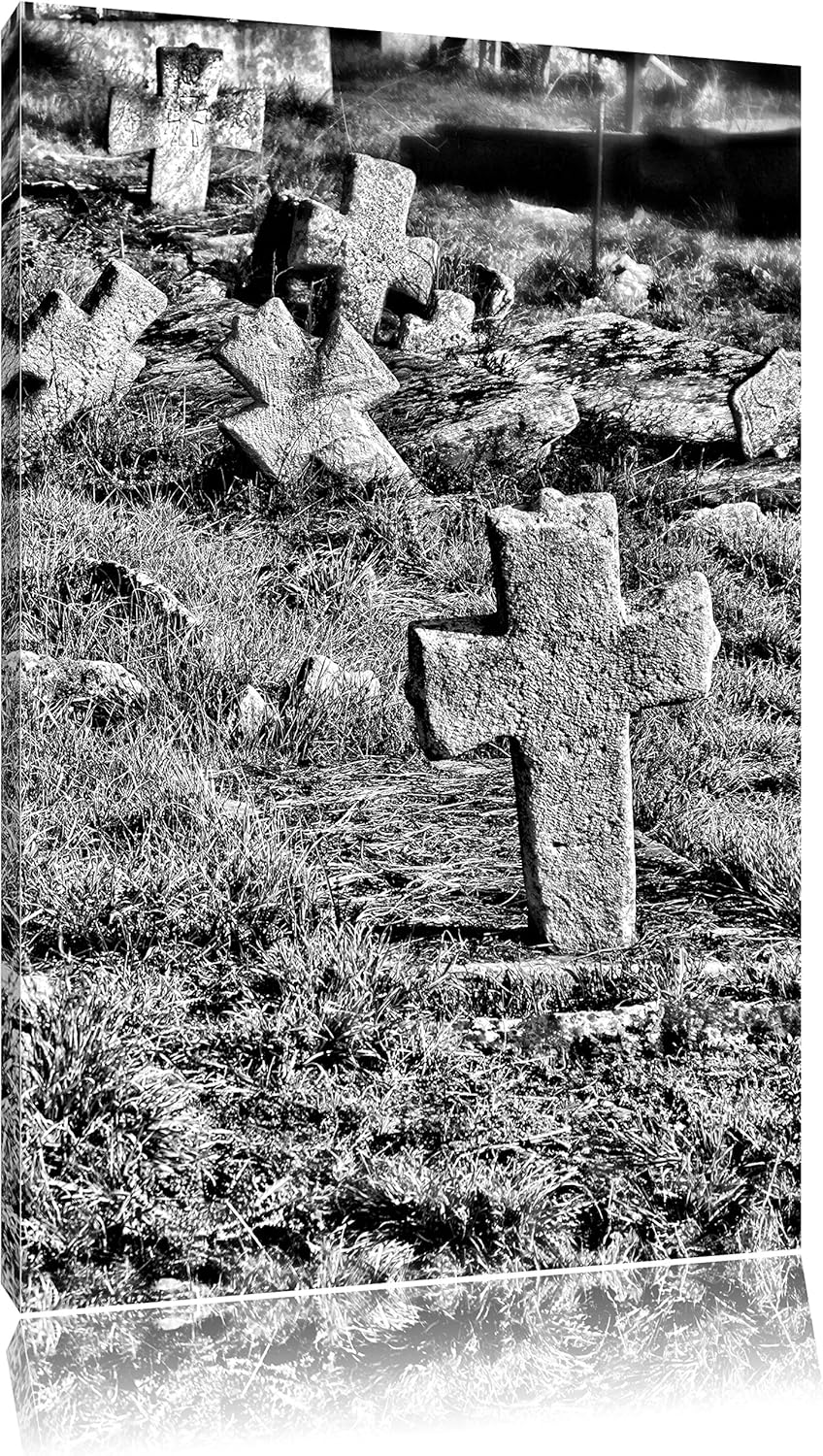 Pixxprint Friedhof schwarz weiss als Leinwandbild/Grösse: 100x70 cm/Wandbild/Kunstdruck/fertig bespa