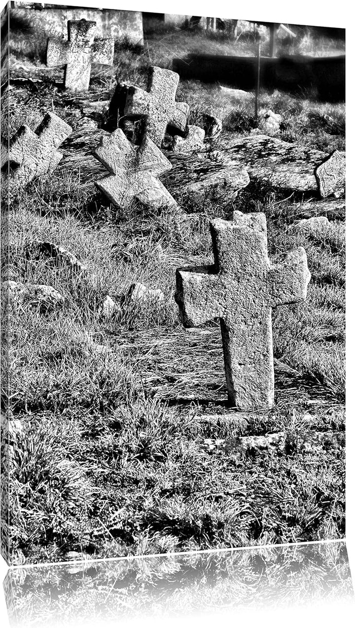 Pixxprint Friedhof schwarz weiss als Leinwandbild/Grösse: 100x70 cm/Wandbild/Kunstdruck/fertig bespa