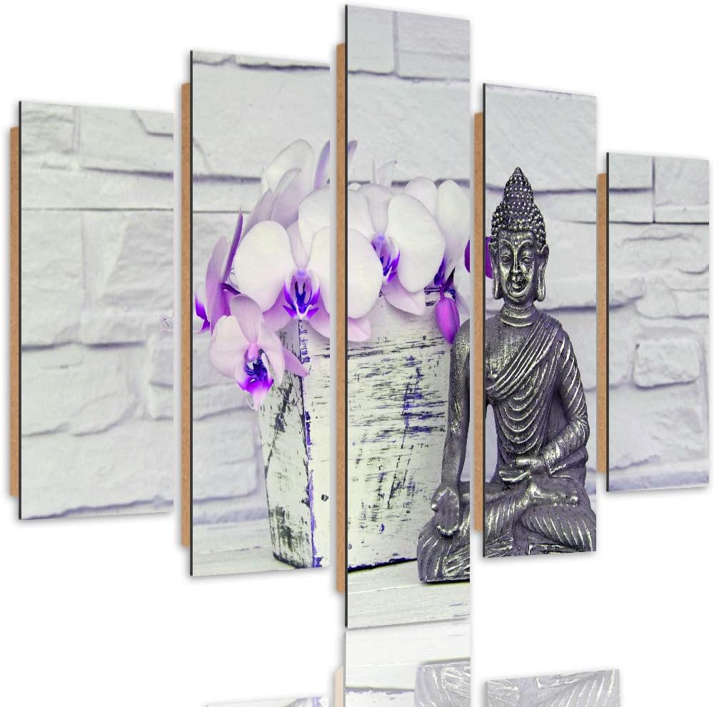 Feeby Deco Bild 5 Teilig Buddha Wanddekoration Blumen Statue Meditation violett 200x100 cm Deco pane