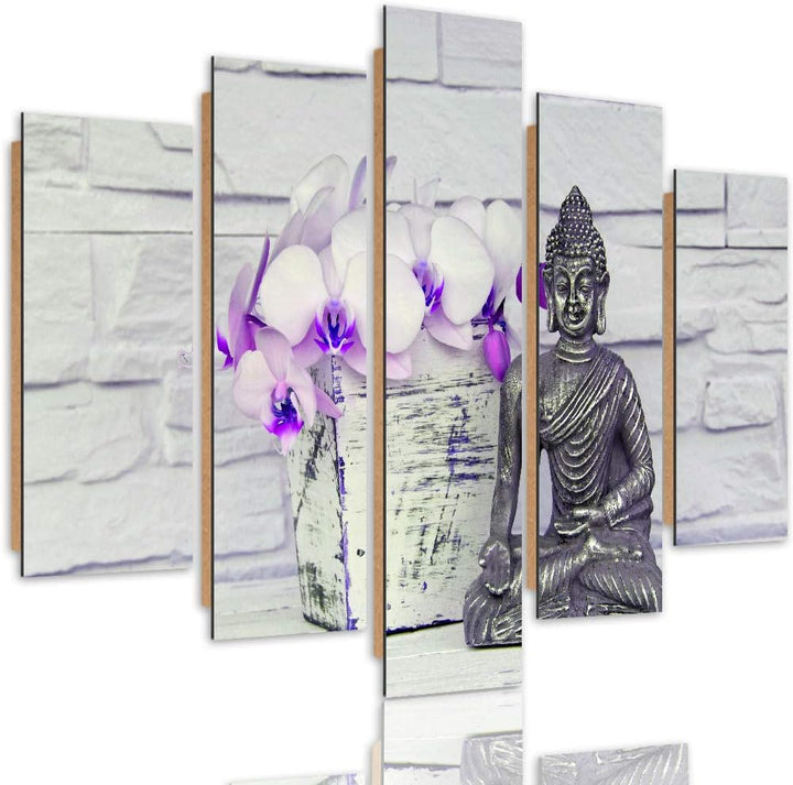 Feeby Deco Bild 5 Teilig Buddha Wanddekoration Blumen Statue Meditation violett 200x100 cm Deco pane