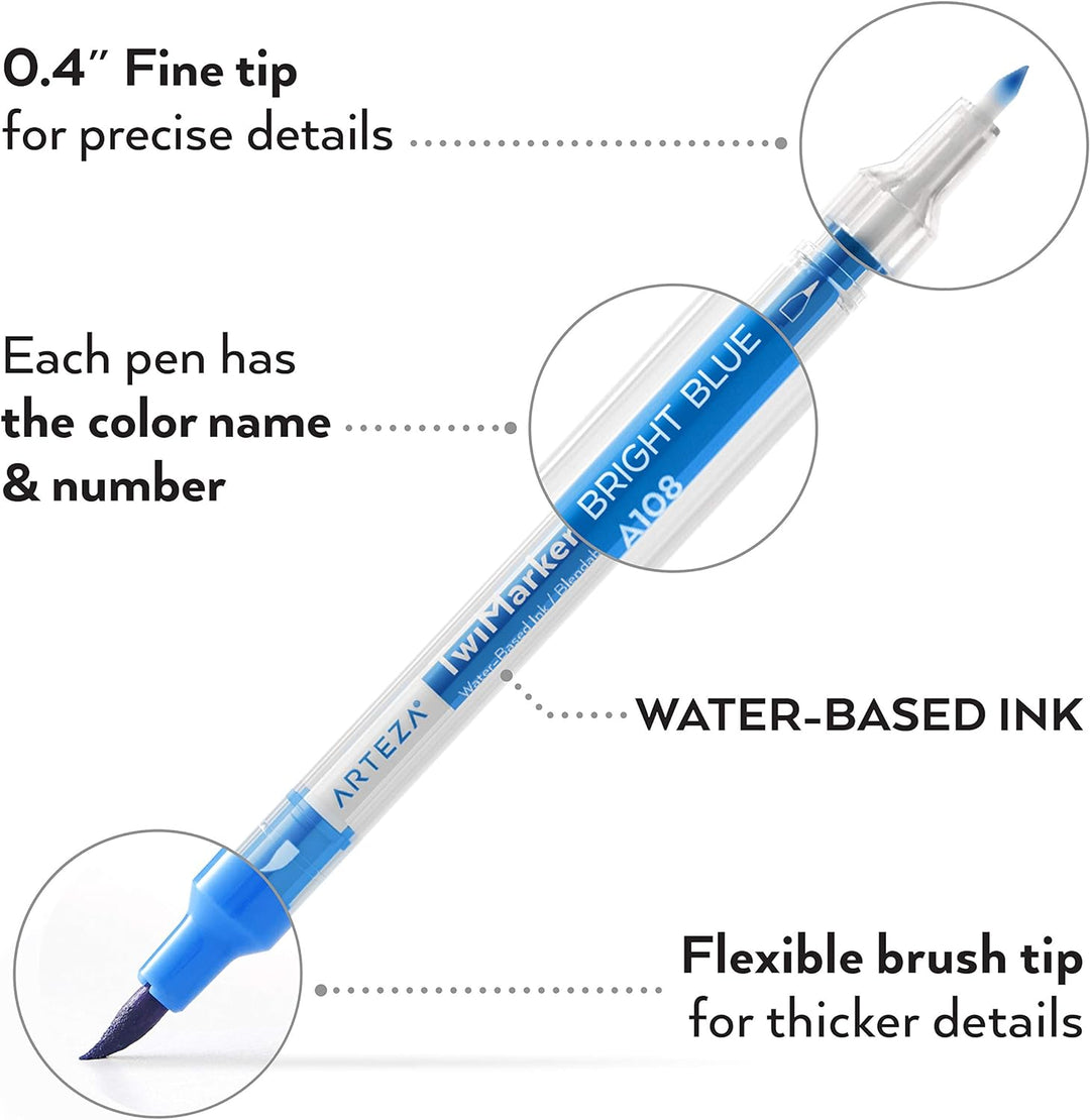 ARTEZA TwiMarkers, 48 bunte Doppelfasermaler, Dual Brush Pen Set mit feiner 0.4 mm Spitze und Pinsel