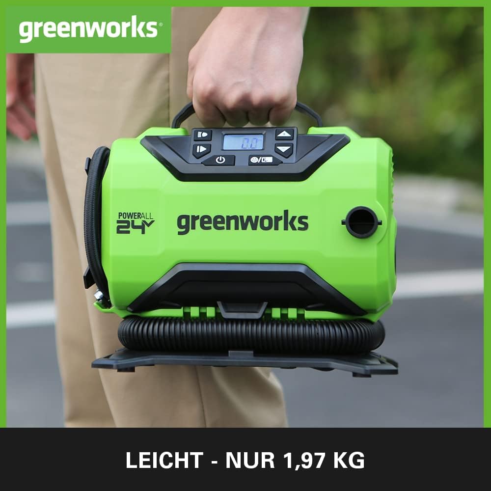 Greenworks G24IN Akku Luftpumpe, 11 Bar, Nieder- oder Hochdruck, automatische Abschaltung mit 3 Adap