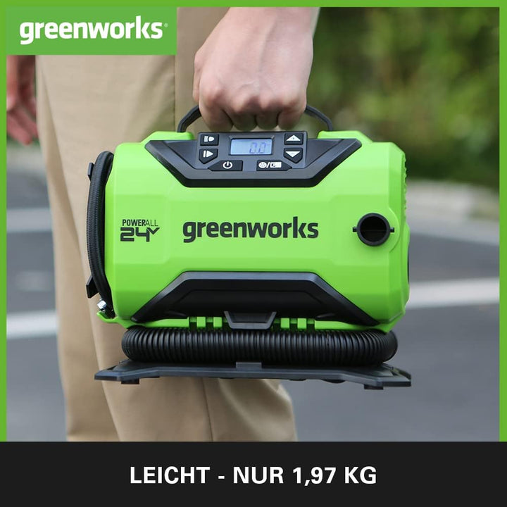 Greenworks G24IN Akku Luftpumpe, 11 Bar, Nieder- oder Hochdruck, automatische Abschaltung mit 3 Adap