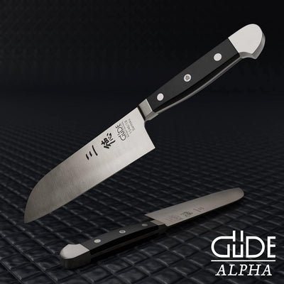 GÜDE Solingen - Santoku geschmiedet, 18 cm, POM schwarz, ALPHA, Doppelkropf, Handmade Germany POM 18