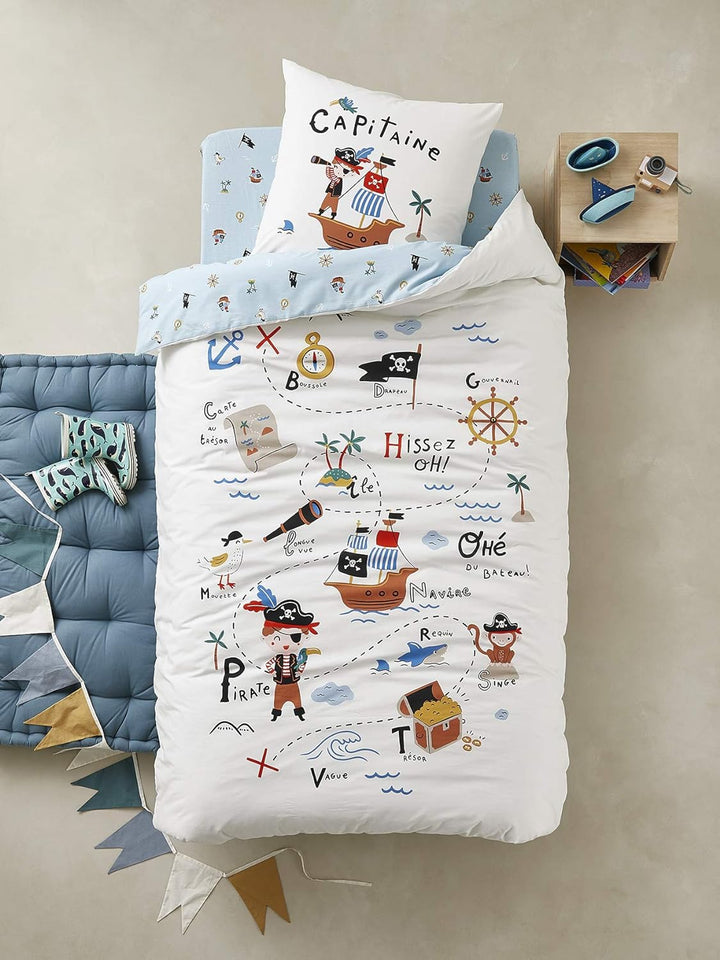 Vertbaudet Kinder Bettwäsche-Set „Piraten Kapitän“ wollweiss/blau Bedruckt 140X150 - Kissen 63X63 14
