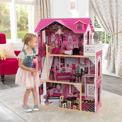 KidKraft Amelia Puppenhaus aus Holz mit Möbeln und Zubehör, Spielset mit Balkon und Aufzug für 30 cm