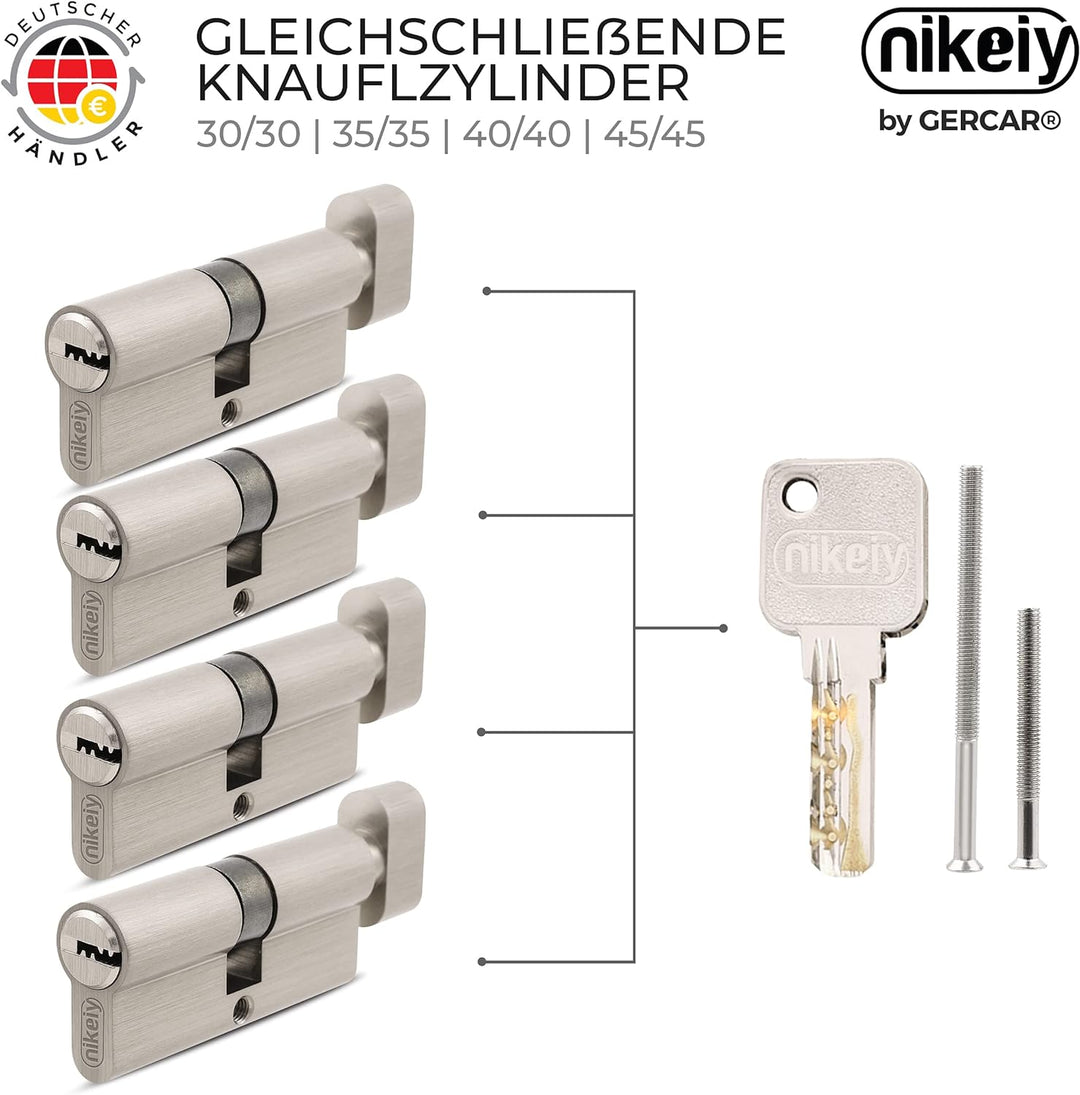 GERCAR Pro Knaufzylinder 45/45 Massiver Schliesszylinder gleichschliessend mit Knauf - 4er Set Zylin