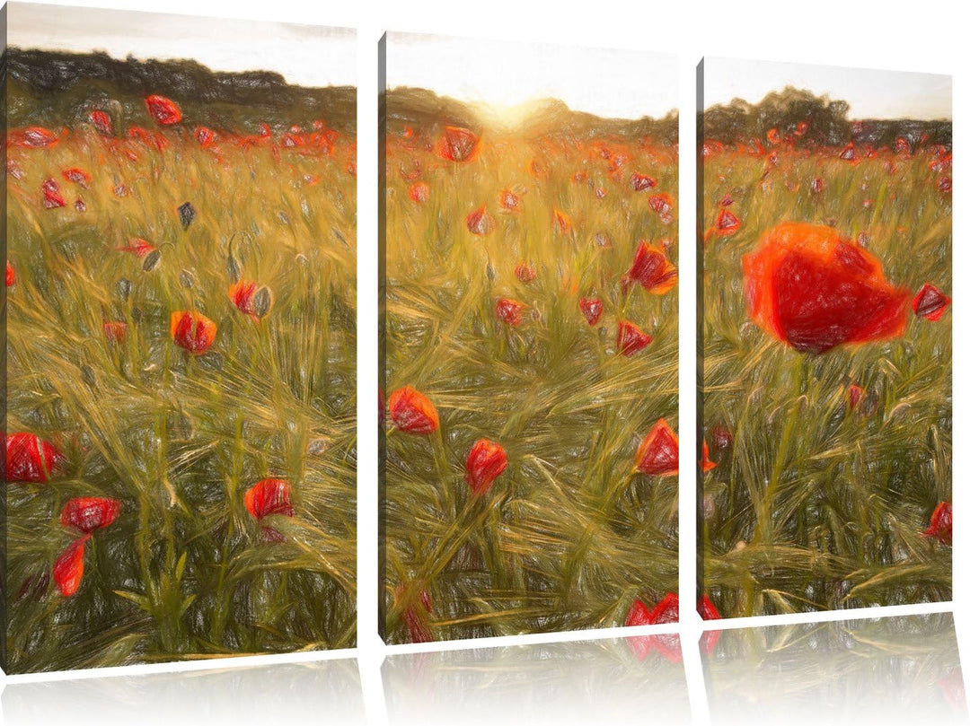 Pixxprint Mohnfeld bei Sonnenuntergang als Leinwandbild 3 teilig/Grösse: 3 Teilig (120x80) / Wandbil