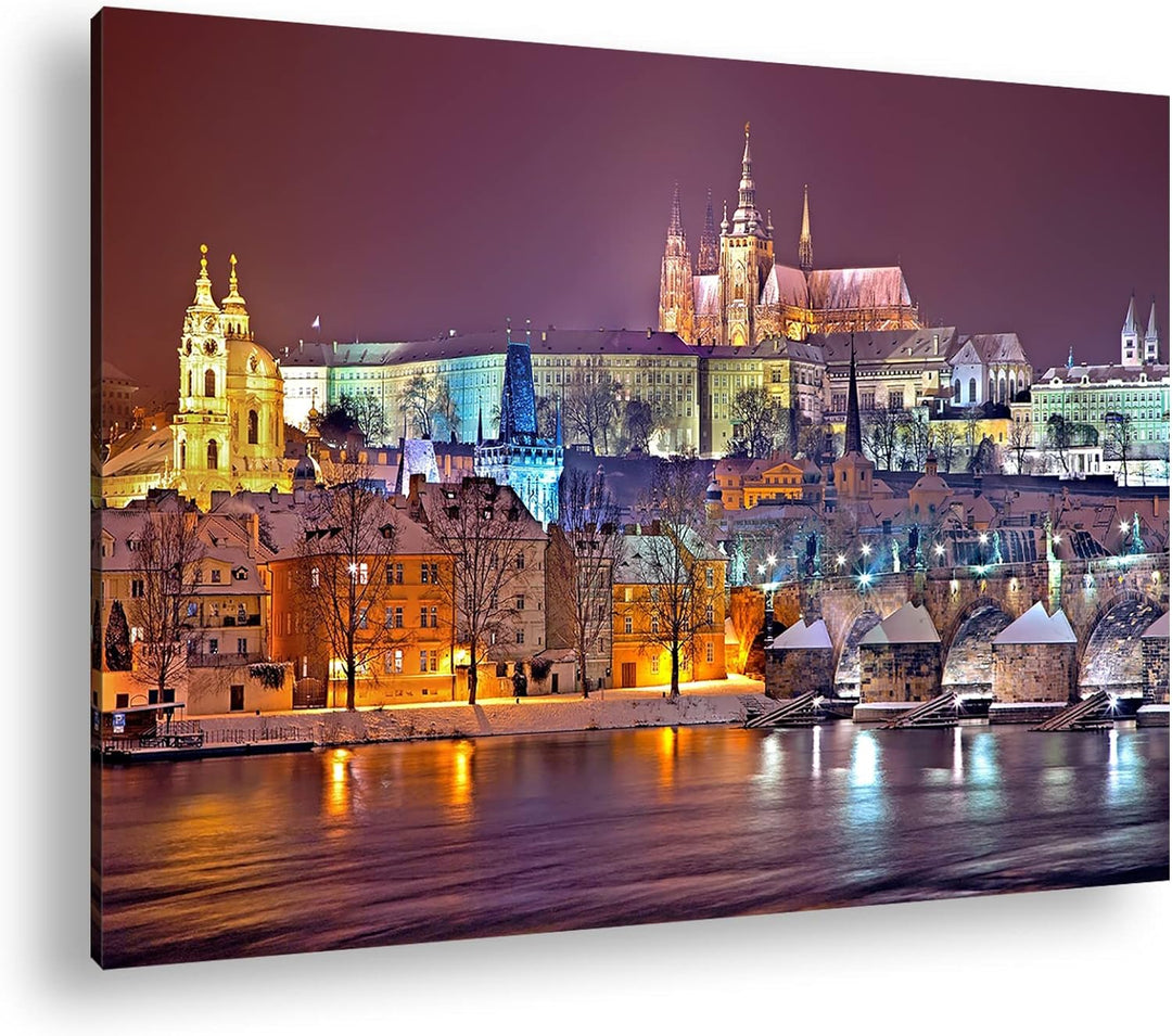 deyoli erhellendes Prag bei Nacht Format: 60x40 als Leinwand, Motiv fertig gerahmt auf Echtholzrahme