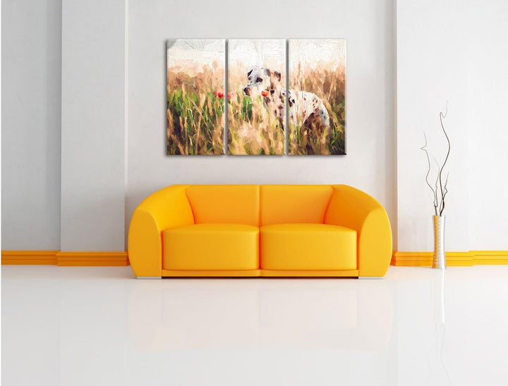 Pixxprint Neugieriger Hund im Feld Kunst / 3-Teilig/Gesamtmass 120cm Leinwandbild bespannt auf Holzr