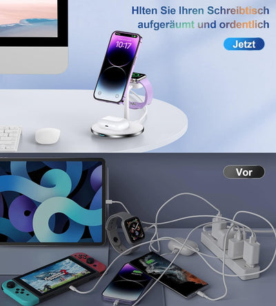 3 in 1 Wireless Charger, 15W Magnetische Induktive Ladestation mit Adapter, MagSafe Kabelloses Ladeg