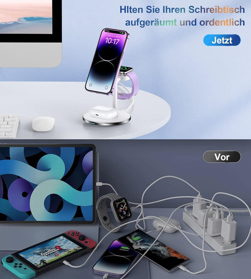 3 in 1 Wireless Charger, 15W Magnetische Induktive Ladestation mit Adapter, MagSafe Kabelloses Ladeg