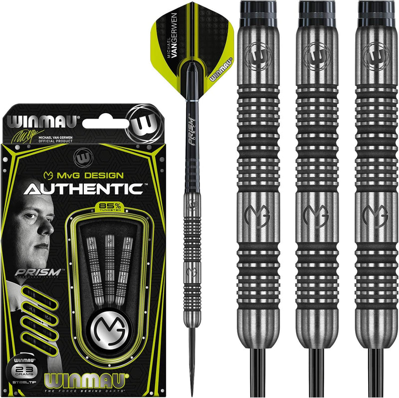 WINMAU Michael van Gerwen MvG Authentic Wolfram Steeltip Dart-Set mit Prismen-Flights und Schäften (