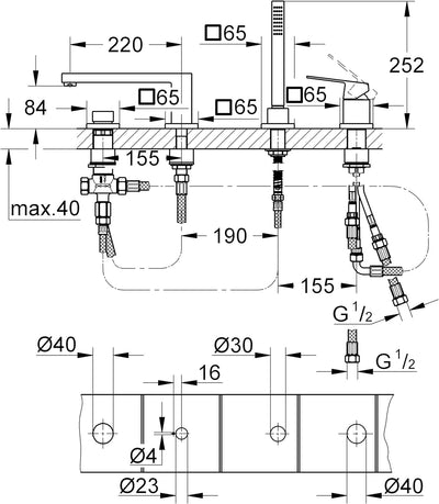 GROHE Eurocube - 4-Loch-Einhand-Wannenkombination (langelebige Oberfläche, Eigensicher gegen Rückfli