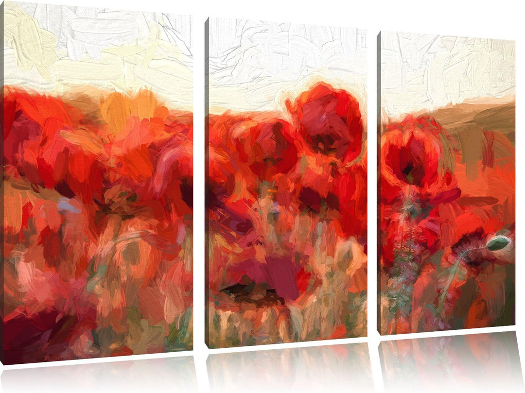Pixxprint Feuriger Mohn Kunst / 3-Teilig/Gesamtmass 120cm Leinwandbild bespannt auf Holzrahmen/Wandb