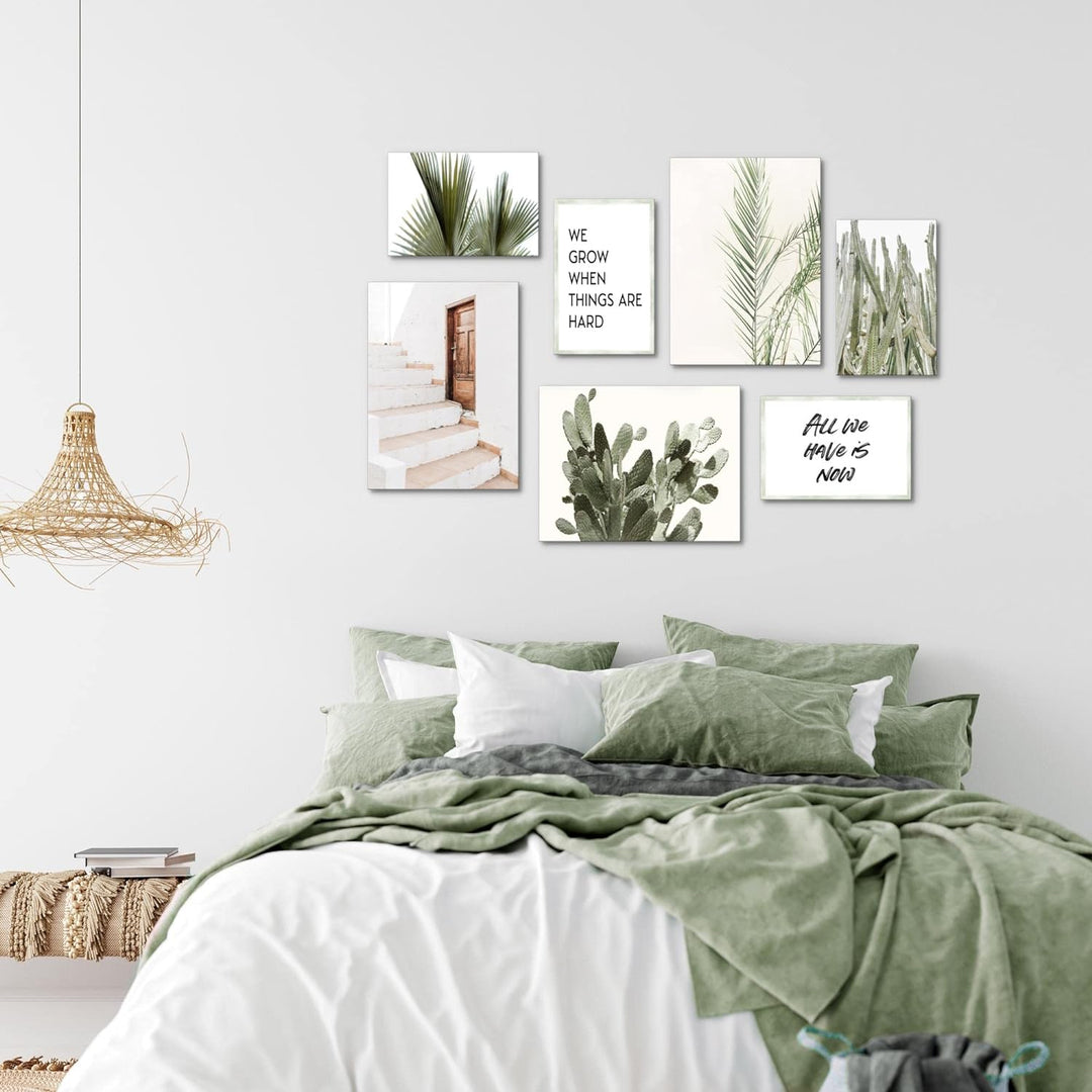Novart Wandbilder Grüne Blätter - KOMPLETT AUFHÄNGFERTIG - Zitate Home Wohnzimmer Schlafzimmer- 7 Mo