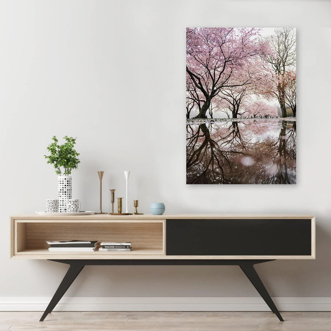 Feeby Vlies Leinwandbild Wasser Rosa Blumen Winterlandschaft 60x90 cm Druckbild Wandbild Wanddekorat