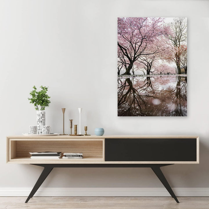 Feeby Vlies Leinwandbild Wasser Rosa Blumen Winterlandschaft 60x90 cm Druckbild Wandbild Wanddekorat