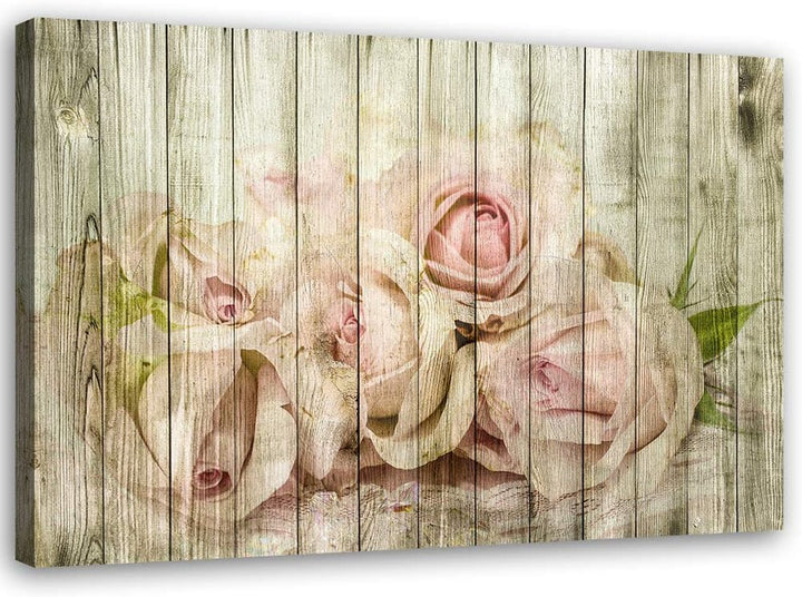 Feeby Vlies Leinwandbild Rosen Blumen Holz 120x80 cm Druckbild Wandbild Wanddekoration Deko Wand Aes