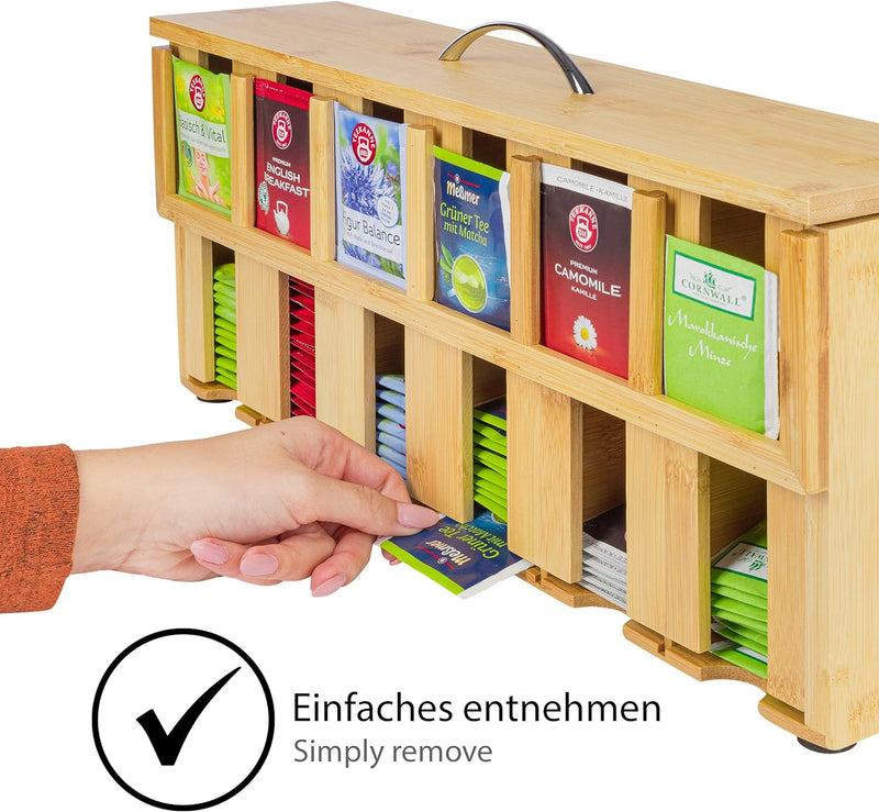 ONVAYA® Teebox aus Holz | Teekiste mit 6 Fächern | Teebeutelbox für ca. 200 Teebeutel | Tee Aufbewah