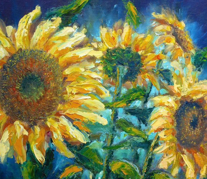 Sonnenblumen vor blauem Hintergrund Herdabdeckplatte & Spritzschutz aus Echtglas | Für Herd-Kochfeld