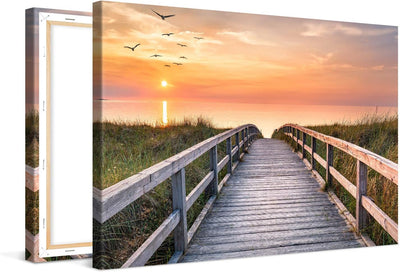 PICANOVA – Bild auf Leinwand Holzweg zum Meer 120x80cm – Leinwandbild – Premium Leinwanddruck – Wand