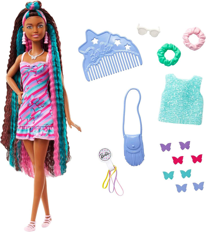 Barbie Totally Hair, Barbie-Puppe mit blauem, rosa & schwarzem Haar, buntes Schmetterlingskleid, Haa