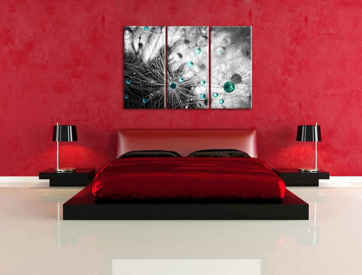 Pixxprint Wassertropfen auf Pusteblume als Leinwandbild | Grösse: 3 Teilig (120x80) | Wandbild| Kuns