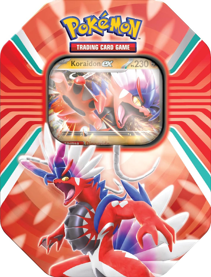 Pokémon Paldea-Sammlerstücke, Pokémon, Koraidon, eine holographische Karte und Vier Umschläge, itali