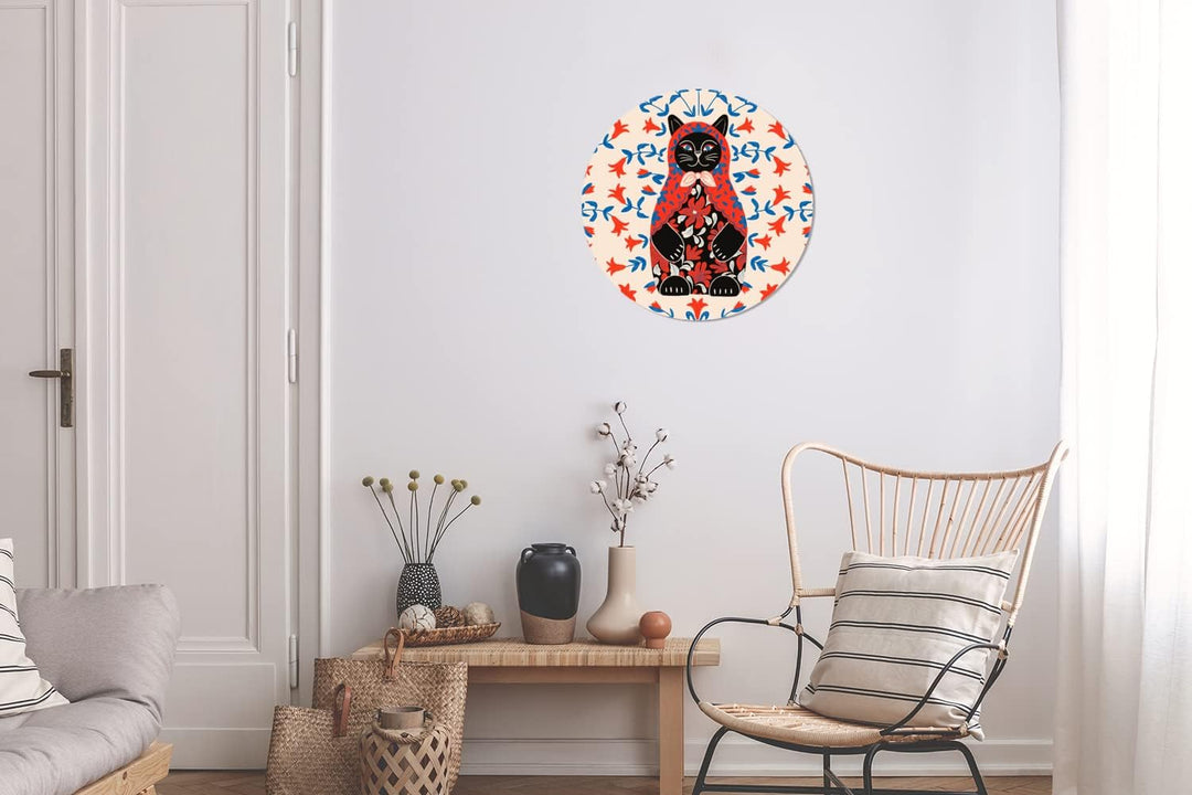 MuchoWow Wandbild Rund Wanddeko Deko Wohnzimmer Bilder 30x30 cm Matrjoschka - Blumen - Katze, 30x30
