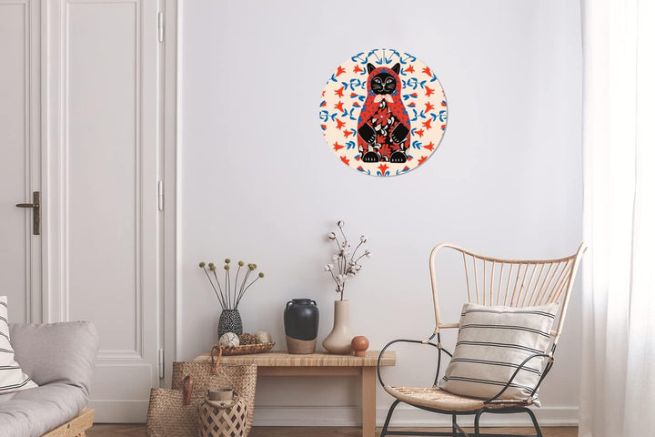 MuchoWow Wandbild Rund Wanddeko Deko Wohnzimmer Bilder 30x30 cm Matrjoschka - Blumen - Katze, 30x30